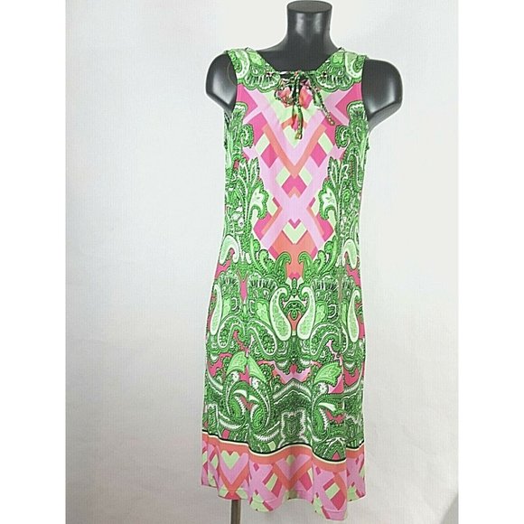 Lily Lane Sz M Shift Midi Dress Paisley Tie Neck - Picture 1 of 8